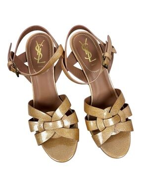 Saint Laurent YSL Patent Leather Platform Sandals T Strap Gold Size 38